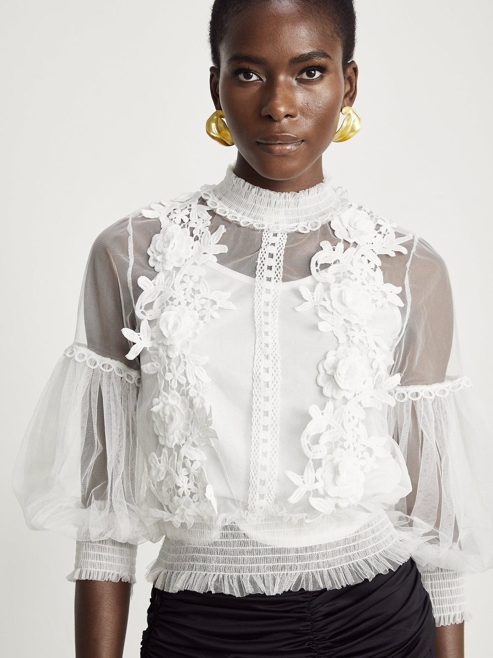 White Floral Appliqué Sheer Puff-Sleeve Top